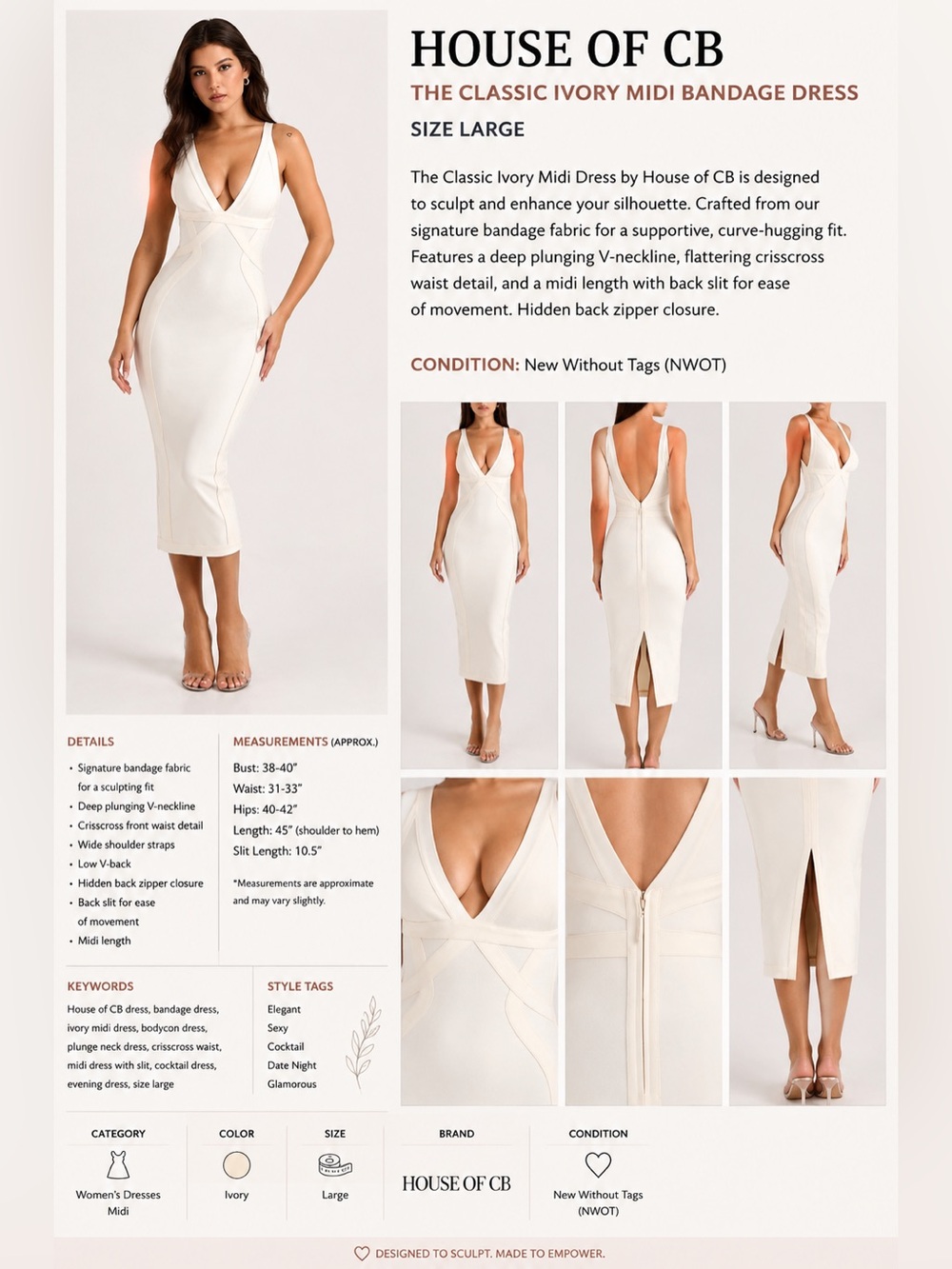 House of CB Classic Ivory Midi Bandage Dress Deep V Bodycon Large